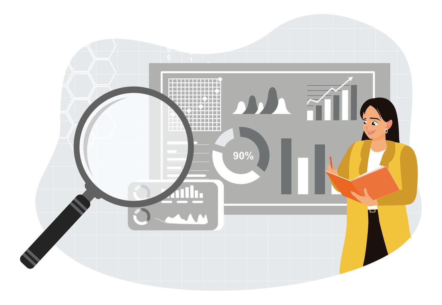Businesswoman uses magnifying glass to analyze document data. vector
