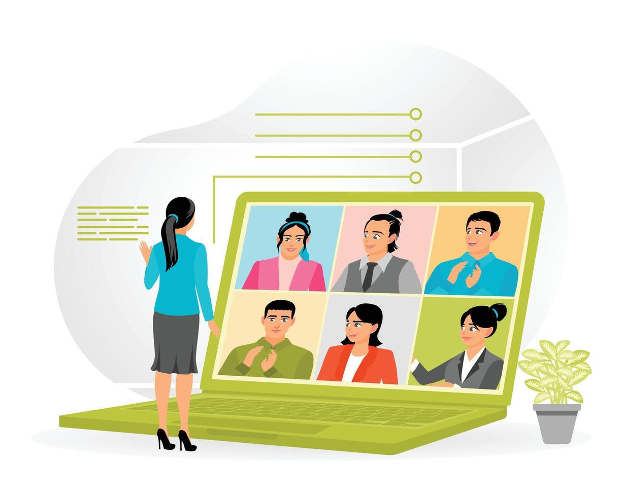 Professional Conference Meeting on a Laptop With Engaged Participants. vector