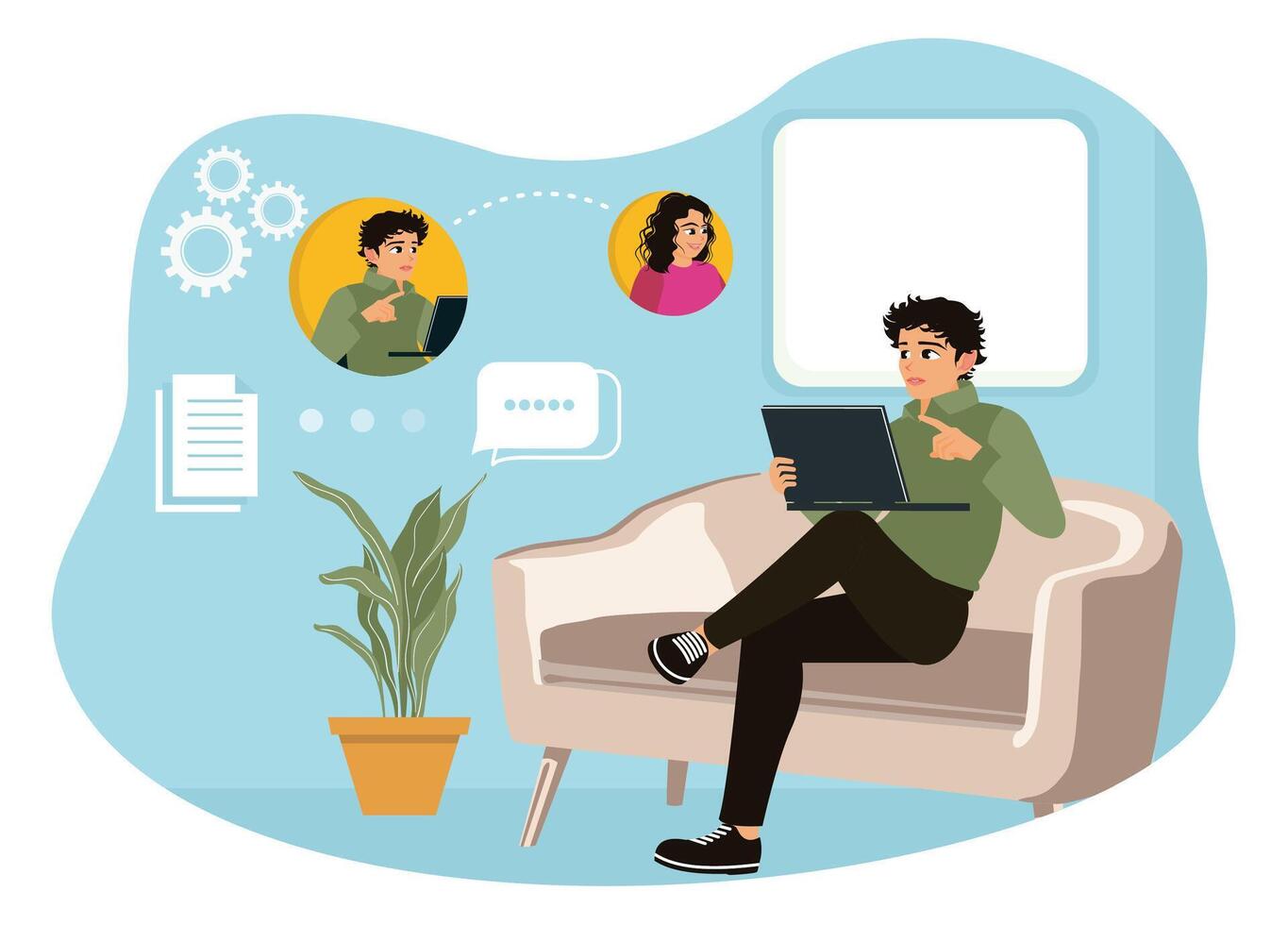 Young businessman work from home and connect online with colleagues. vector