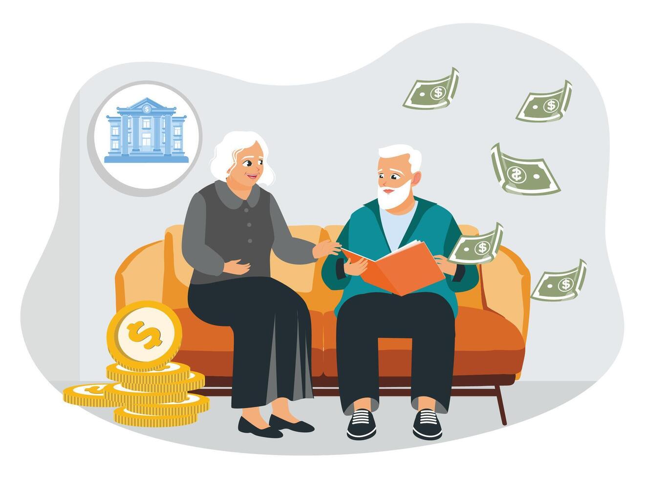 A mature business couple plans their retirement fund and saves it in the bank. vector