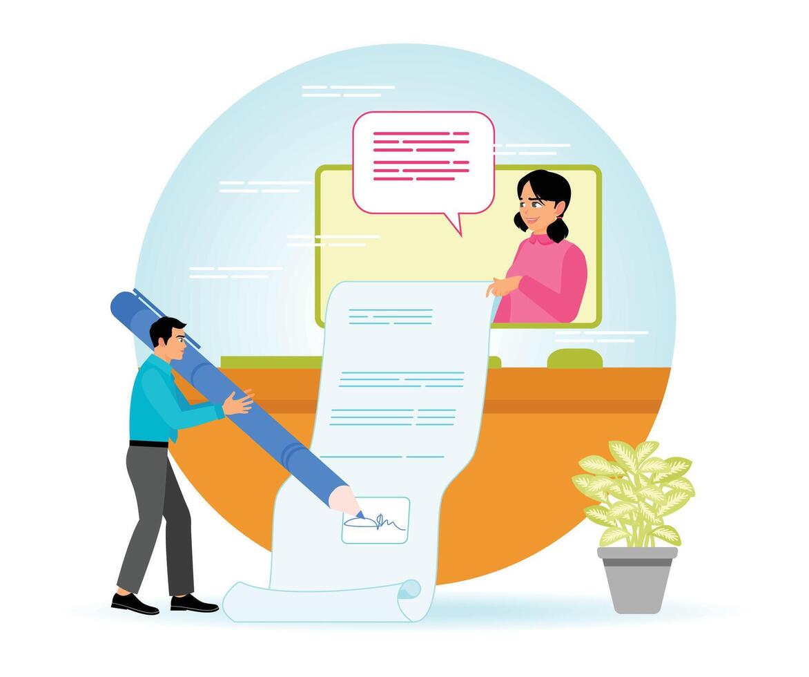 Business collaboration signing a digital agreement vector