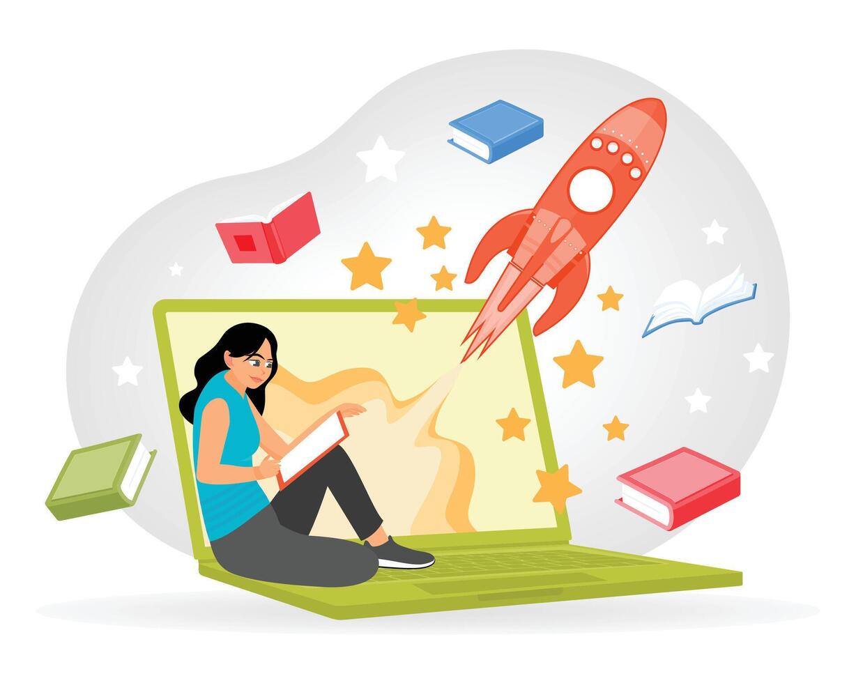 Creative Learning Concept with Books, Laptop, and Rocket. vector