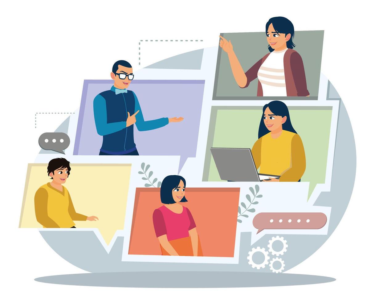 Virtual distant work of people, colleagues, and team. vector