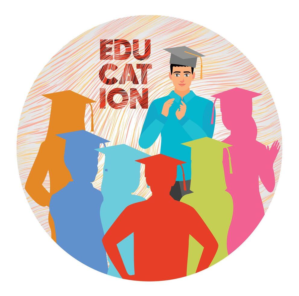 A group of graduates in graduation caps and colorful attire celebrate graduation. vector