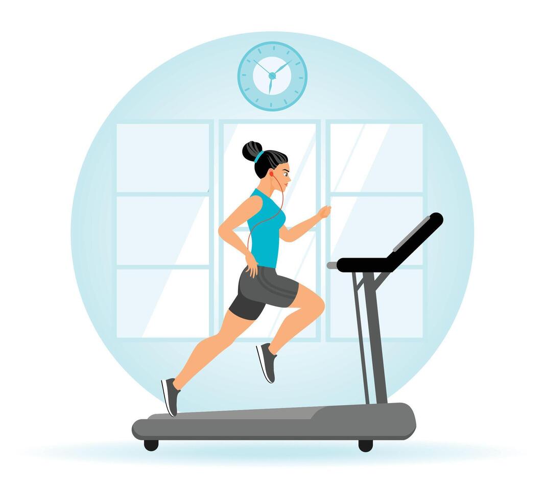 Woman running on treadmill in gym. cardio training. Healthy lifestyle concept vector