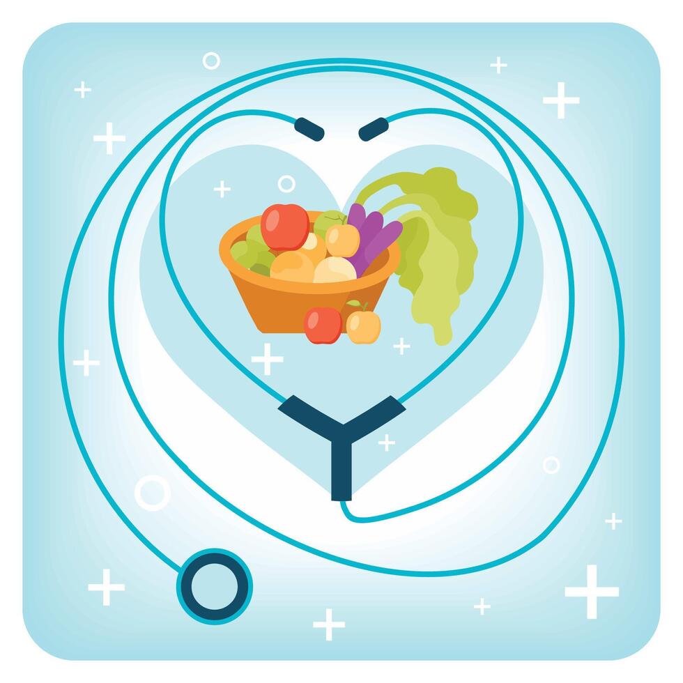 Healthy living concept with vegetables in heart-shaped stethoscope, Health education vector