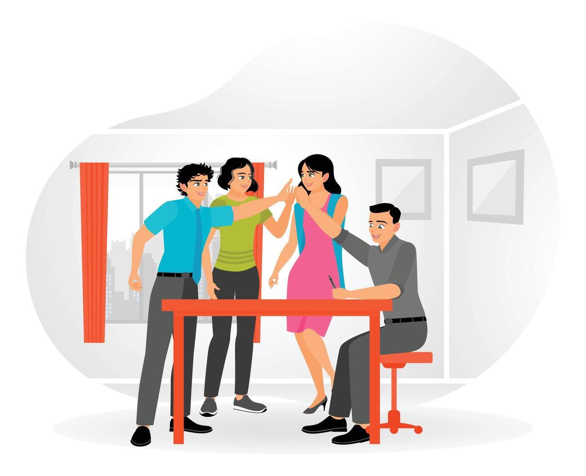 Team of business people celebrate success in the office. giving high five with joy. vector