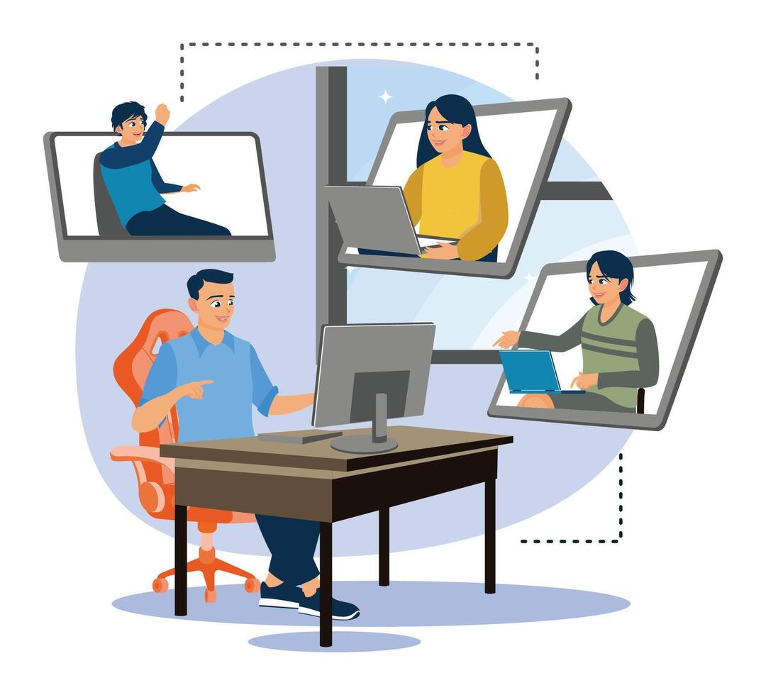 The work process with manager and employees in front of the computer. vector
