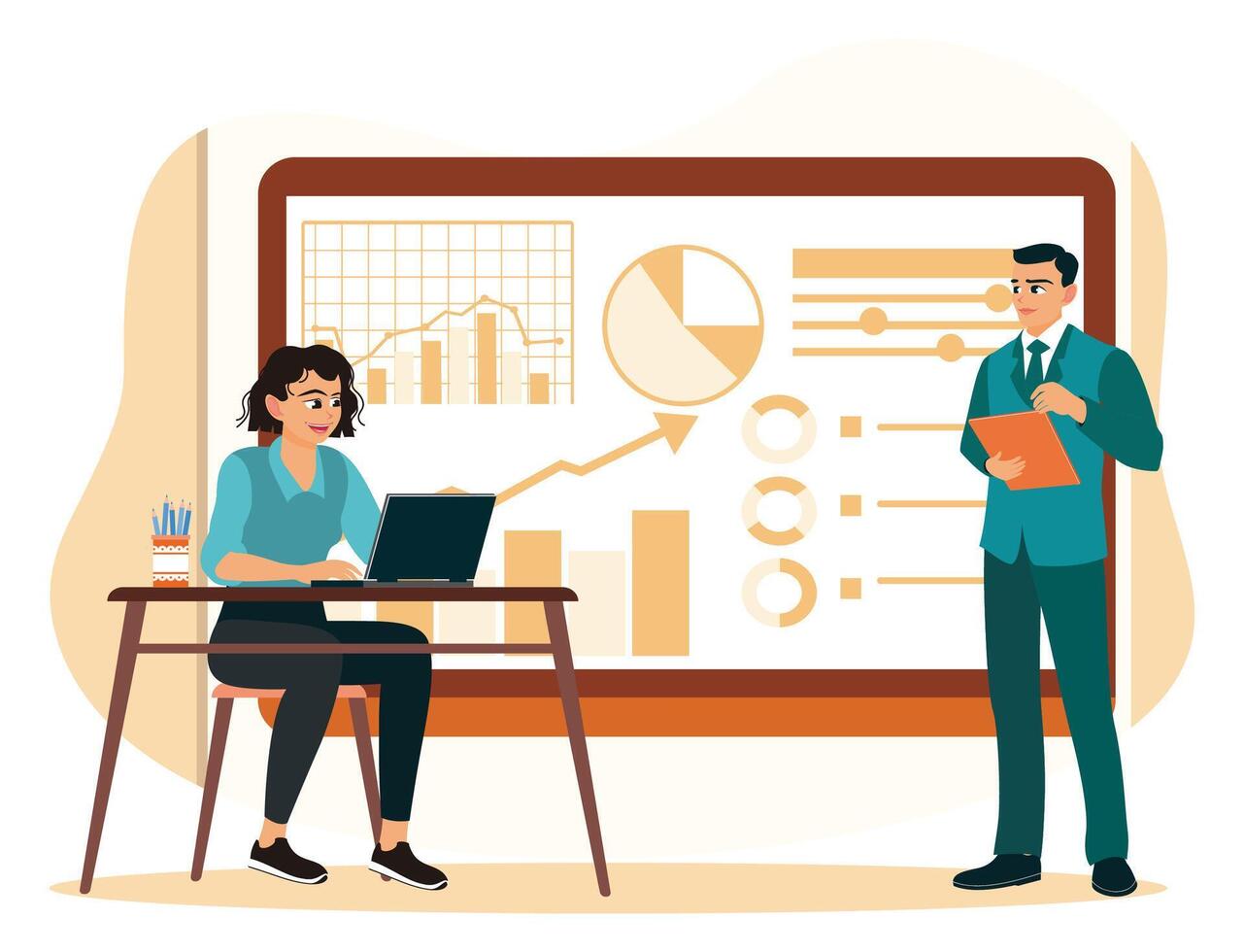 A manager and employee discuss business plans and analyze marketing data. vector