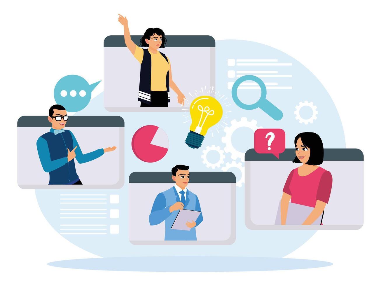 Business teams hold meetings and share ideas online. vector