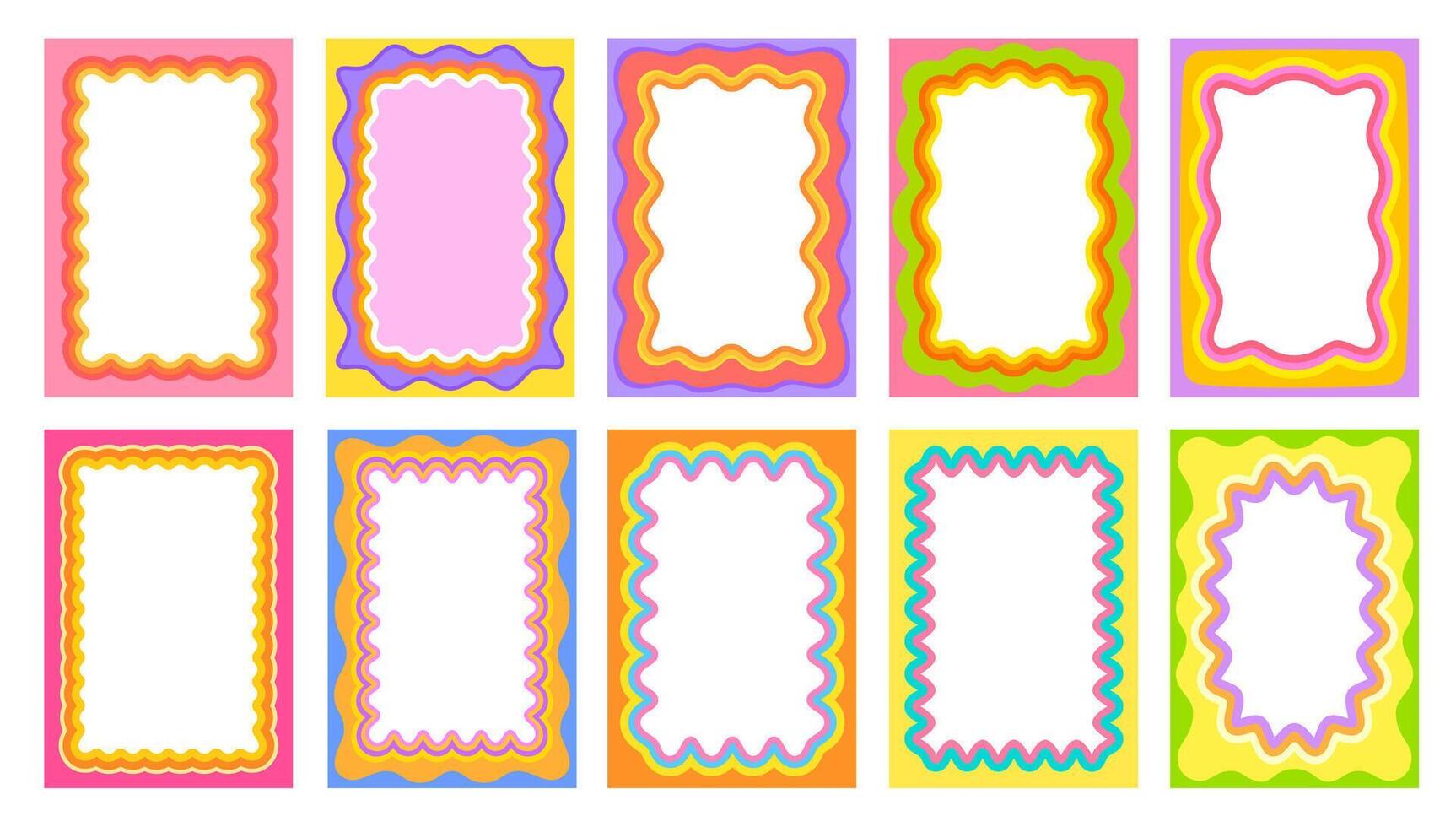 Groovy Y2K color scallop wavy frames funky borders vector