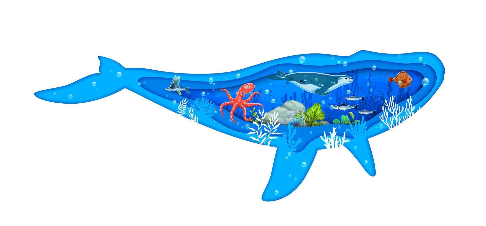 Sea whale paper cut silhouette with underwater vector