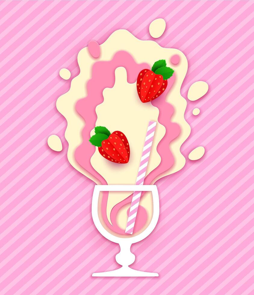 Paper cut milkshake cocktail, strawberry splash vector