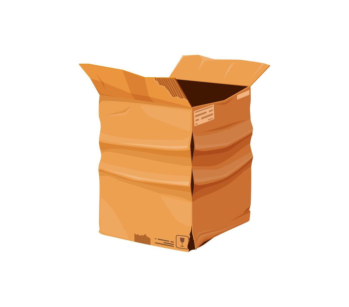 Damaged and crumpled cardboard box, ripped package vector
