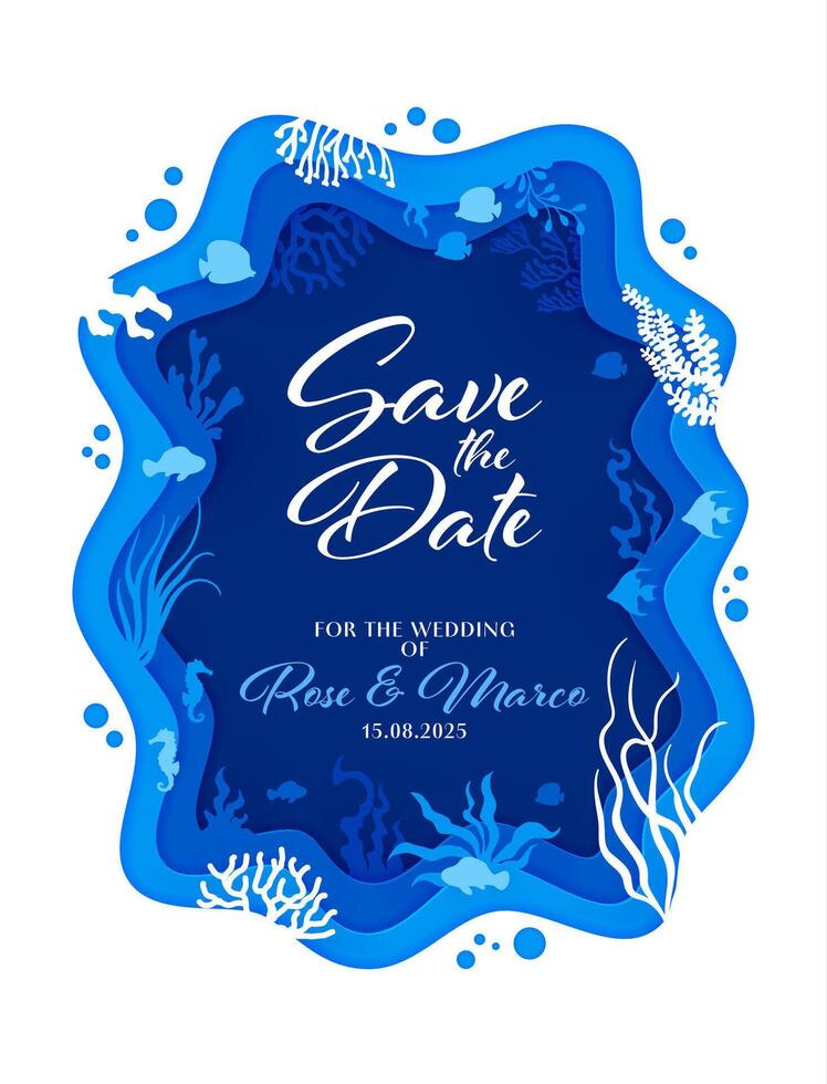 Save the date invitation with paper cut underwater vector