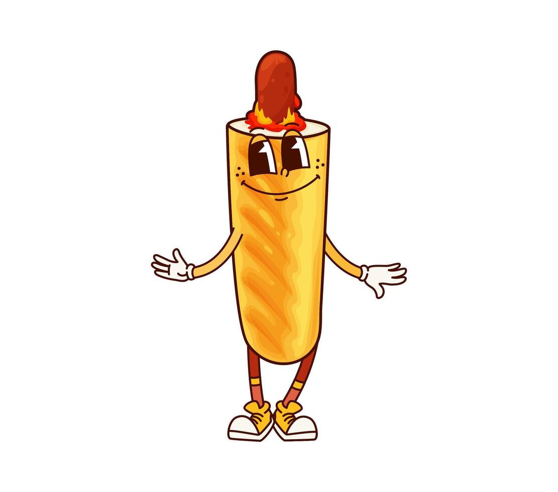 Cartoon fast food corn dog groovy character vector