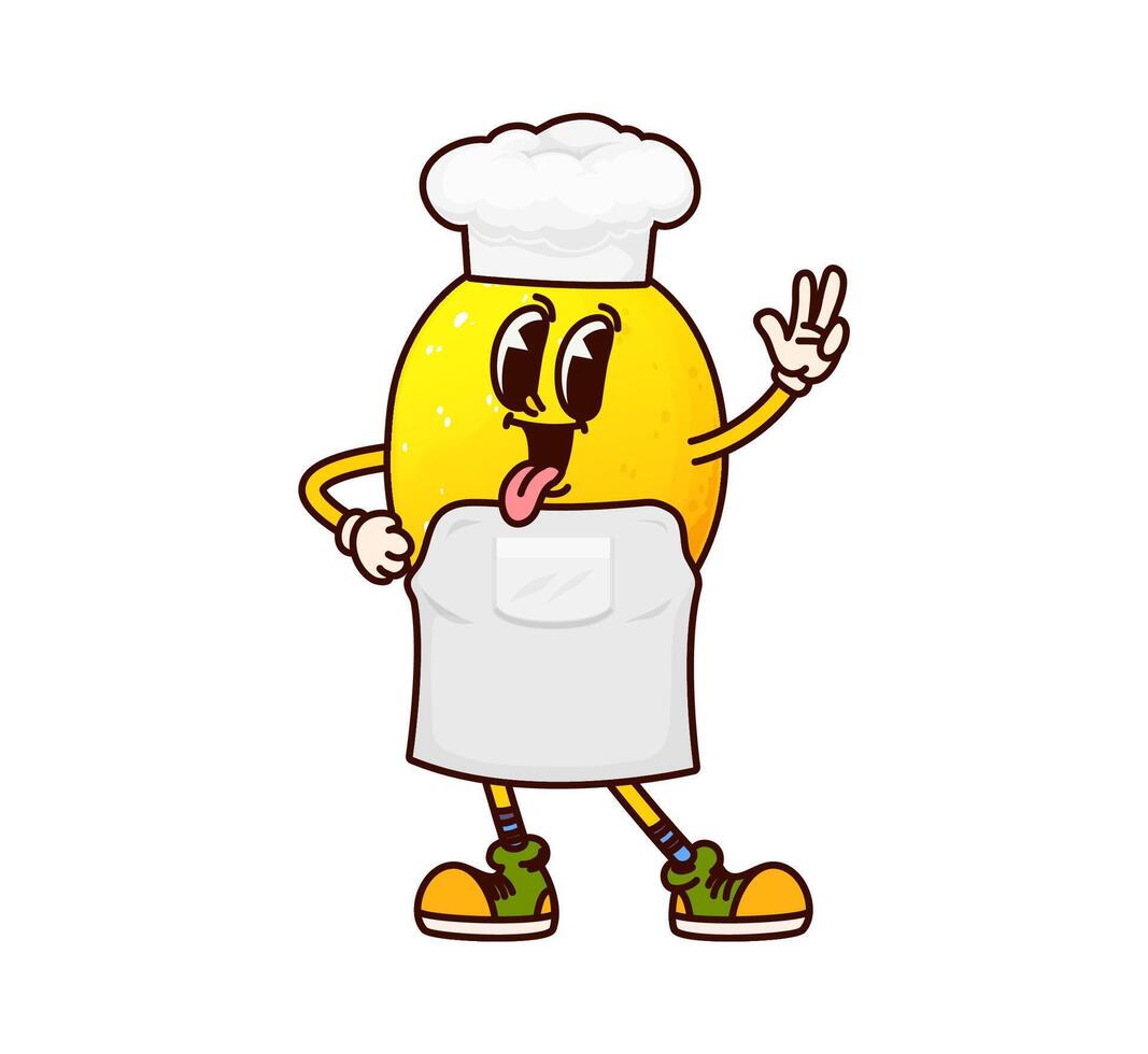 Cartoon groovy lemon fruit character in chef hat vector