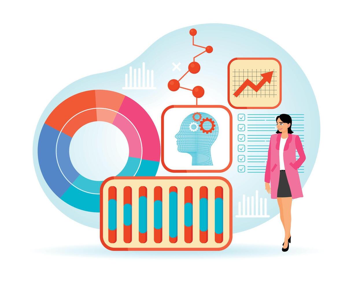 Businesswoman analyzing data visualization with charts and virtual interface vector