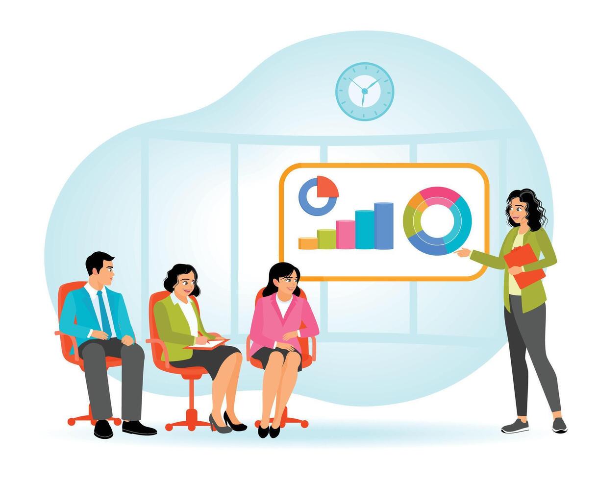 Team Discussion Analyzing Business Reports in a Modern Office vector