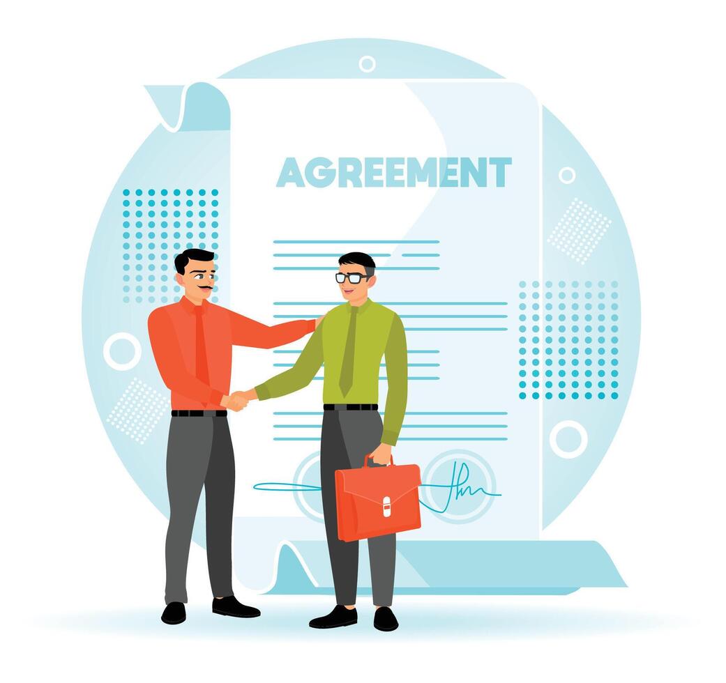 Two business professionals shaking hands in front of an agreement document vector