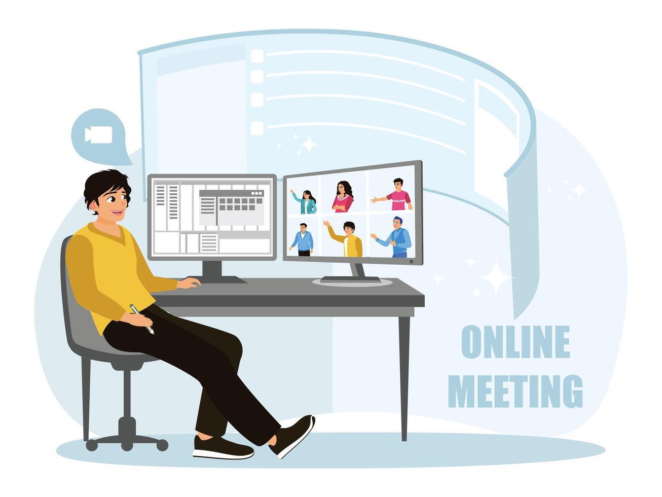 Manager conducts online work meeting with colleagues. vector