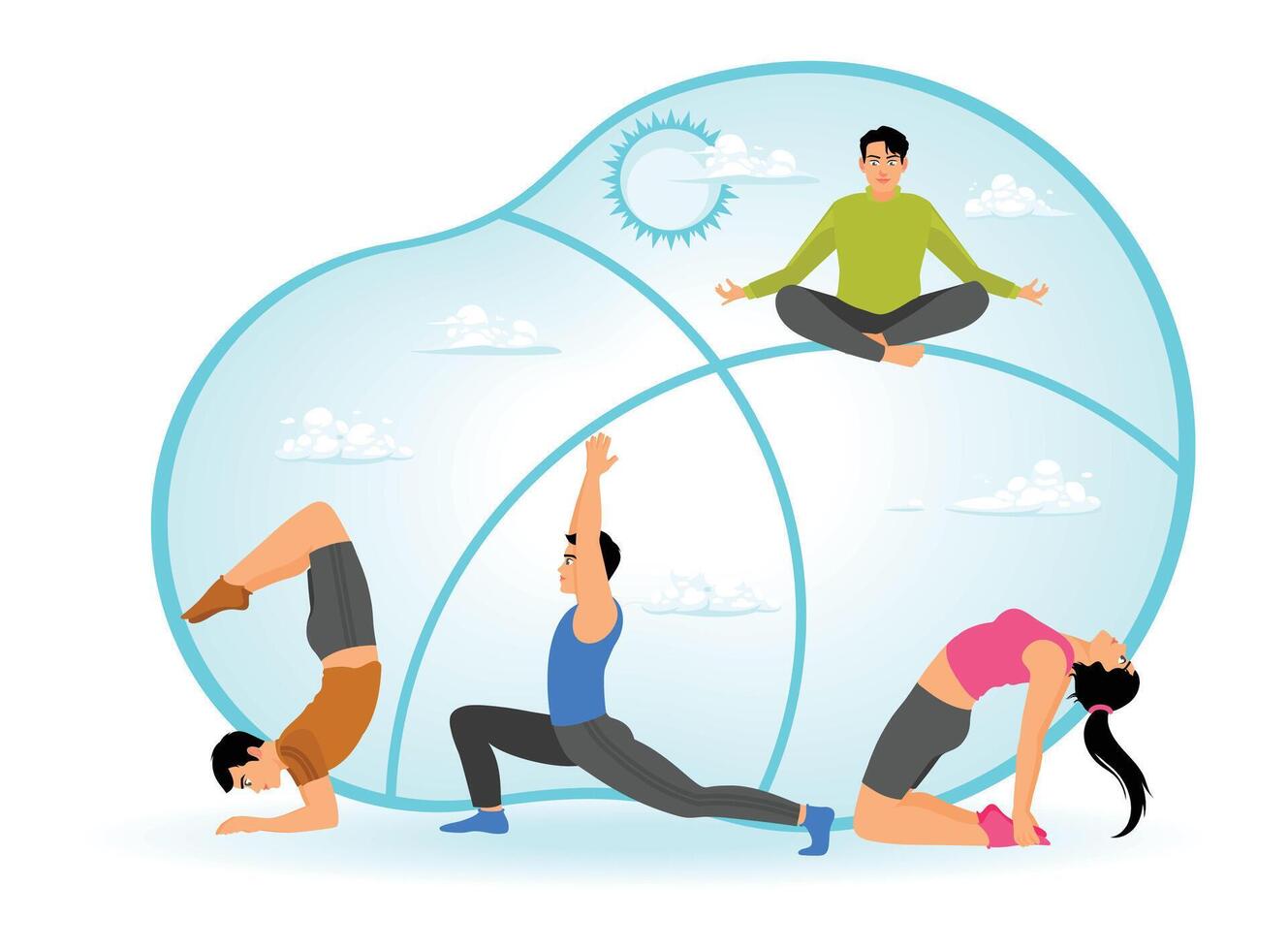 Group yoga poses in serene environment with abstract design, Healthy lifestyle concept vector