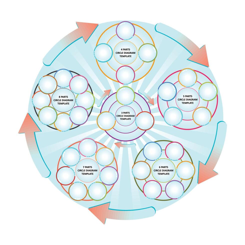 Colorful Circular Process Diagram Representing Multi-Step Workflows and Relationships vector