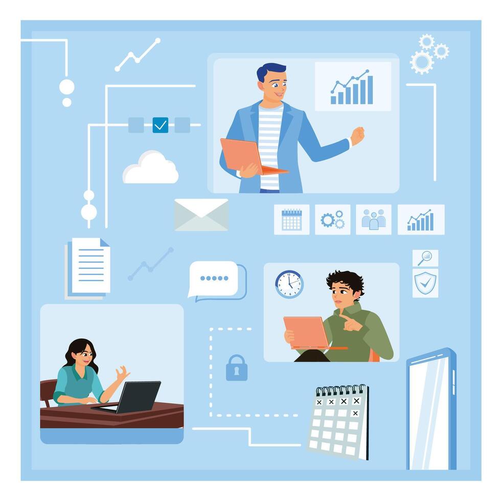 Business people work together online, discussing and sharing files. vector