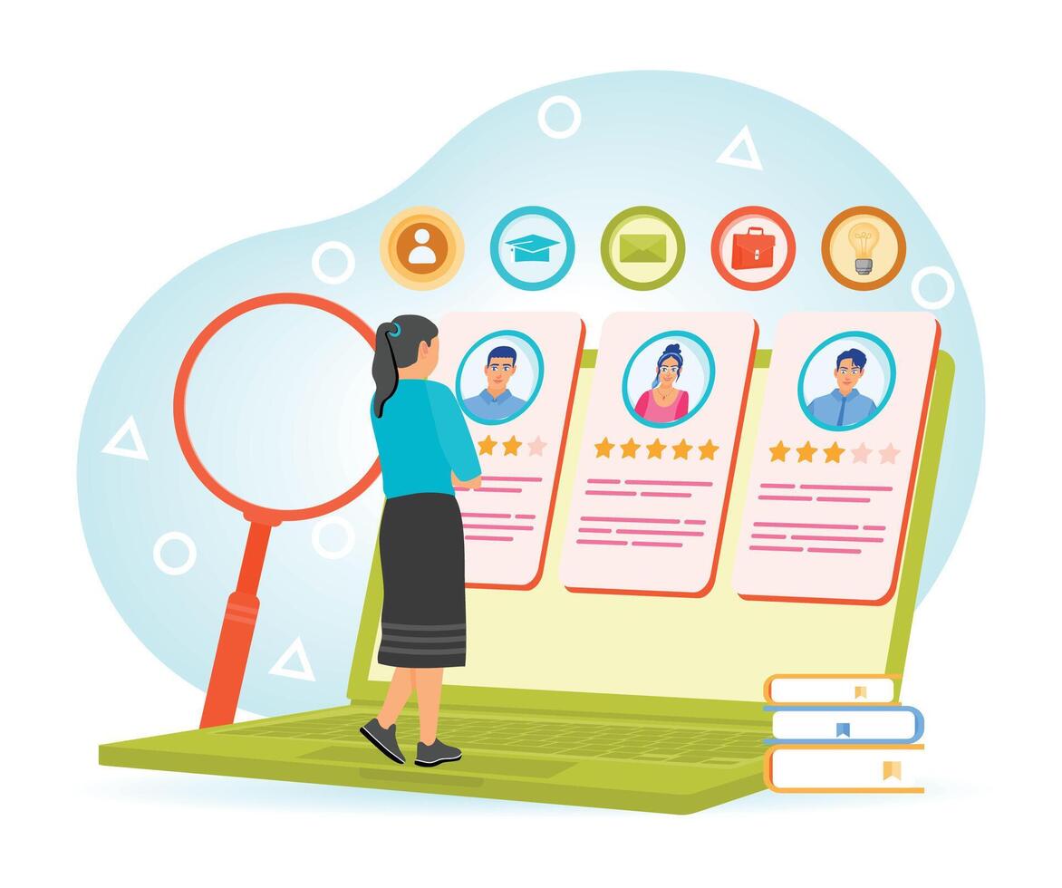 Recruitment process, featuring candidate profiles and online job screening vector