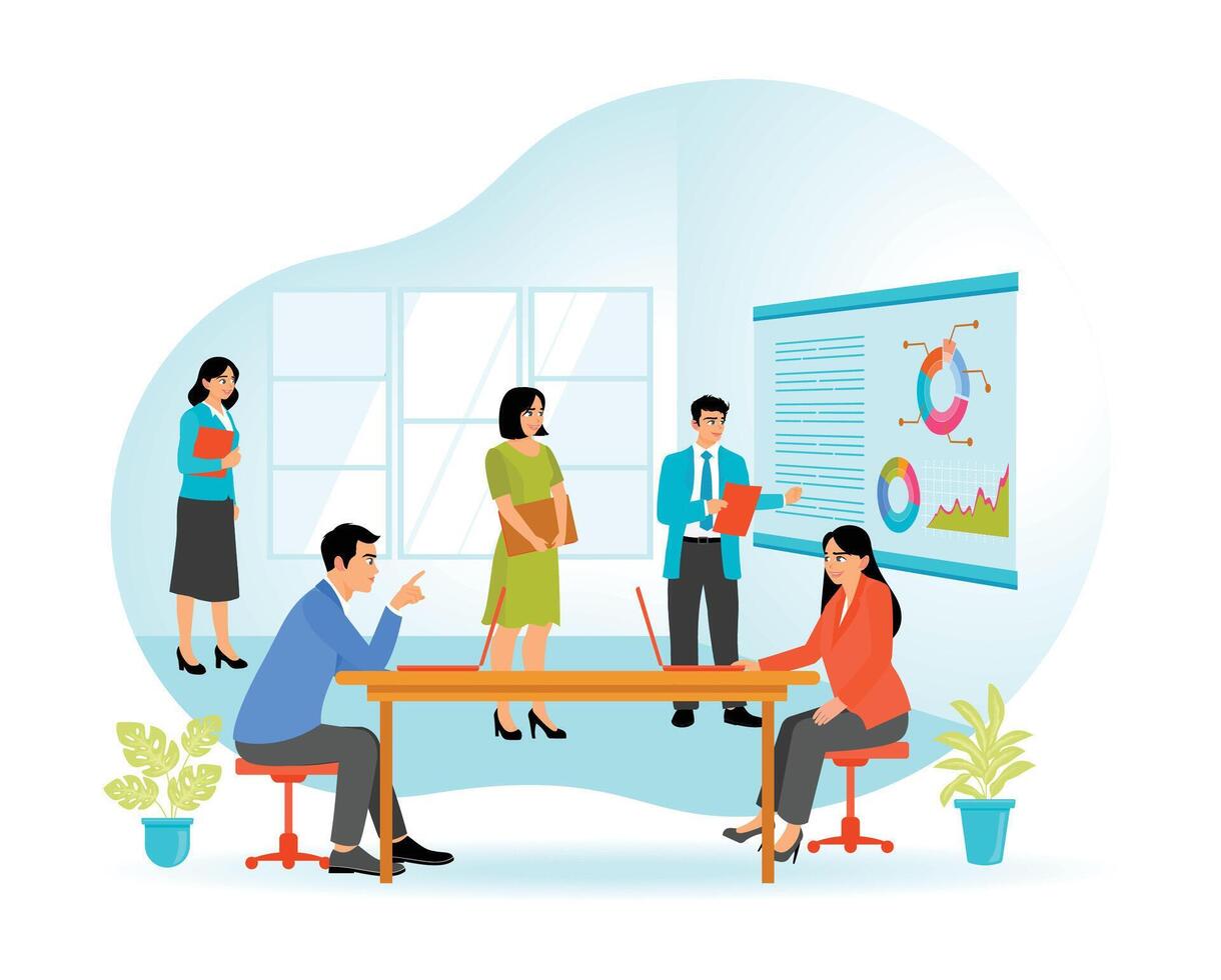 Team Working Collaboratively in Modern Office with Charts and Digital Presentation vector