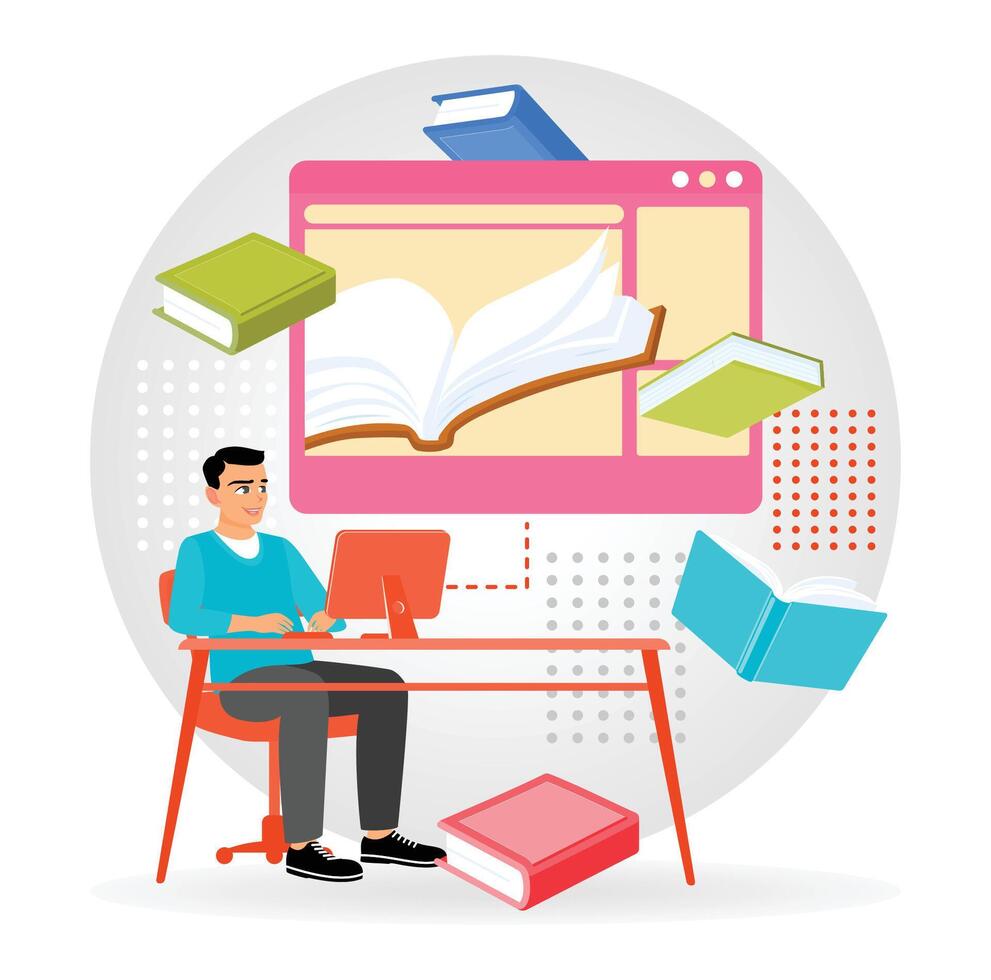 Man Using Computer for E-Learning With Books and Study Materials. vector