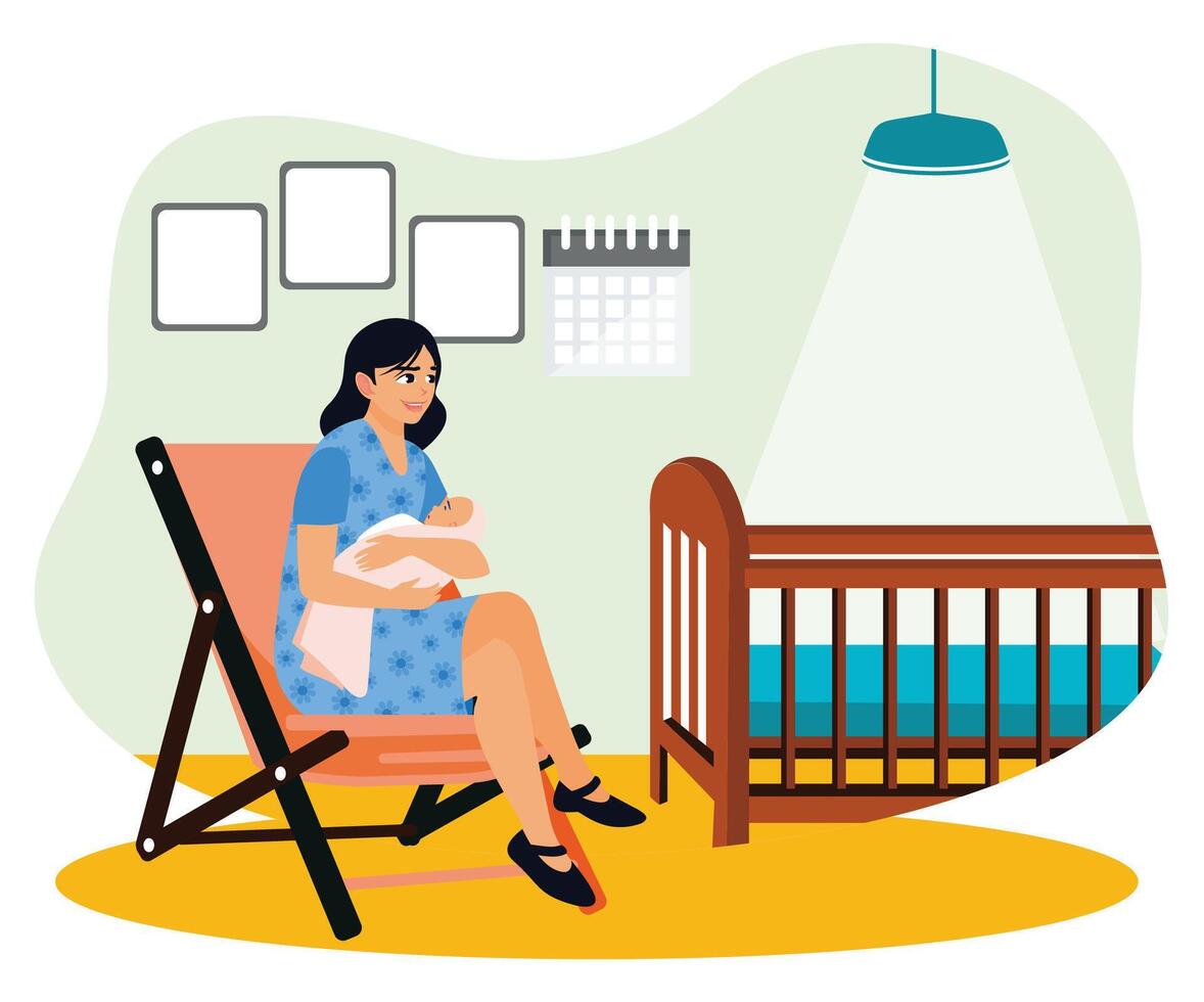 Happy mother sits on a chair and hugs her baby on bedroom. vector