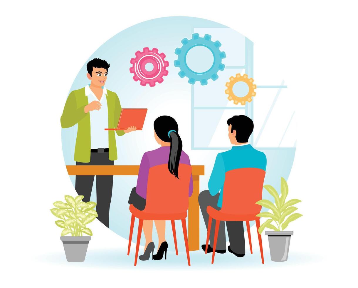 Team discussion about legal advice in modern office with visual workflow elements vector