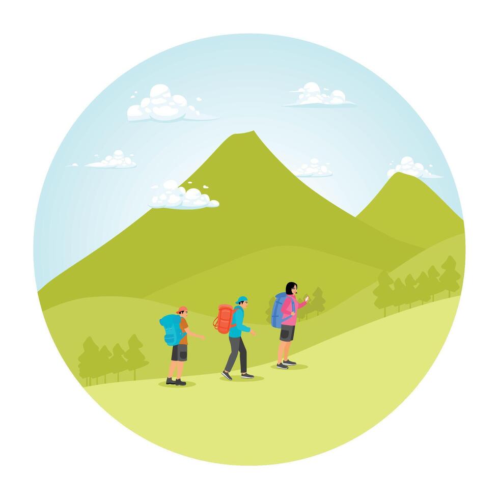 Group of hikers doing outdoor activity for healthy lifestyle vector