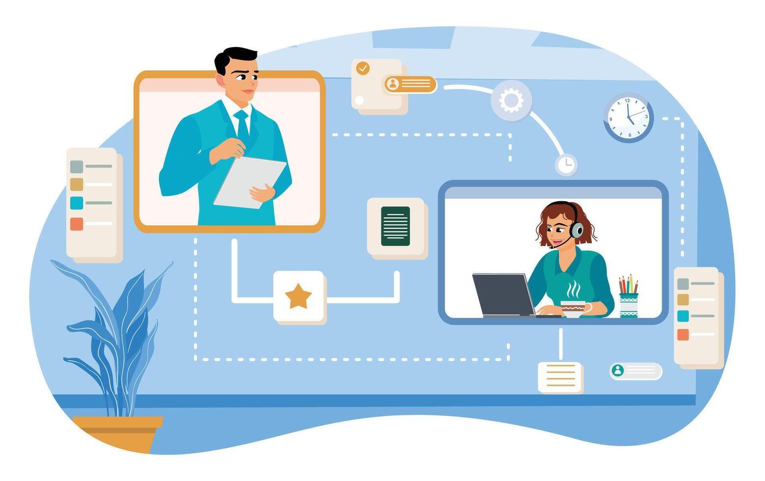 Managers assign tasks and feedback on projects to employees online. vector