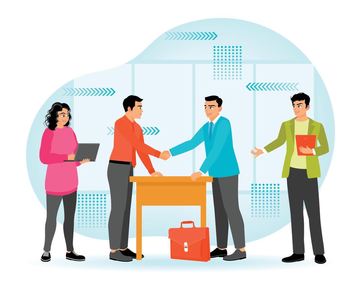Business team shaking hands in office. Deal for new project vector