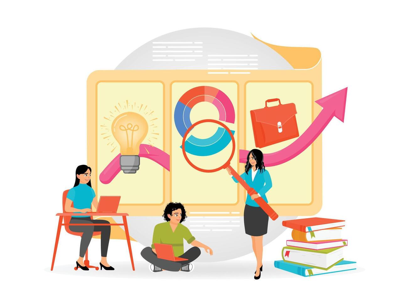 Distance learning concept. Business school students and teachers cartoon characters. vector