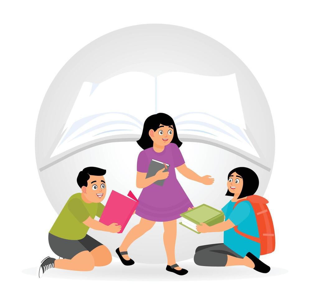 Back to School Concept and Education. Group of Children Sharing Books. vector