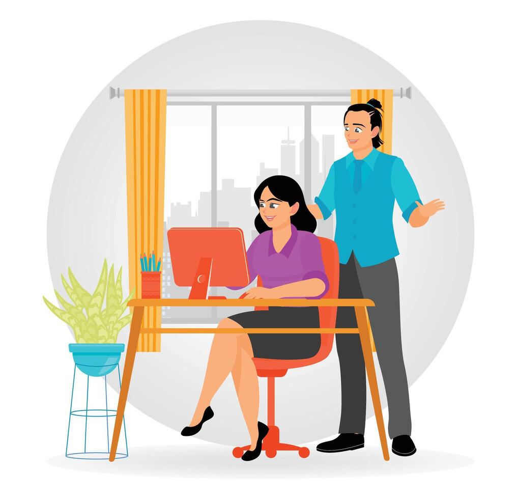 Business people working together on computer in modern office at corporate meeting. vector