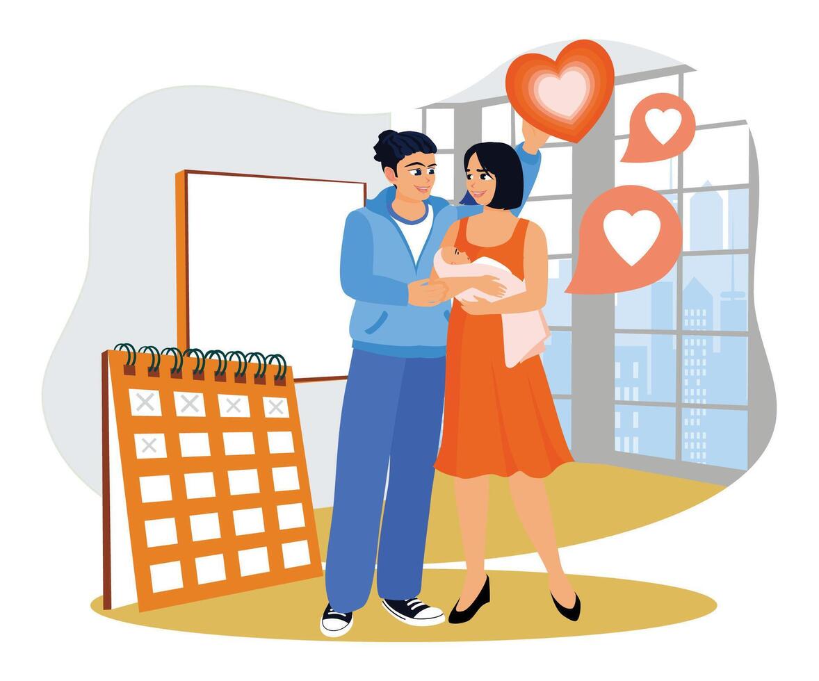 Young parents leave work and take care for baby together. vector