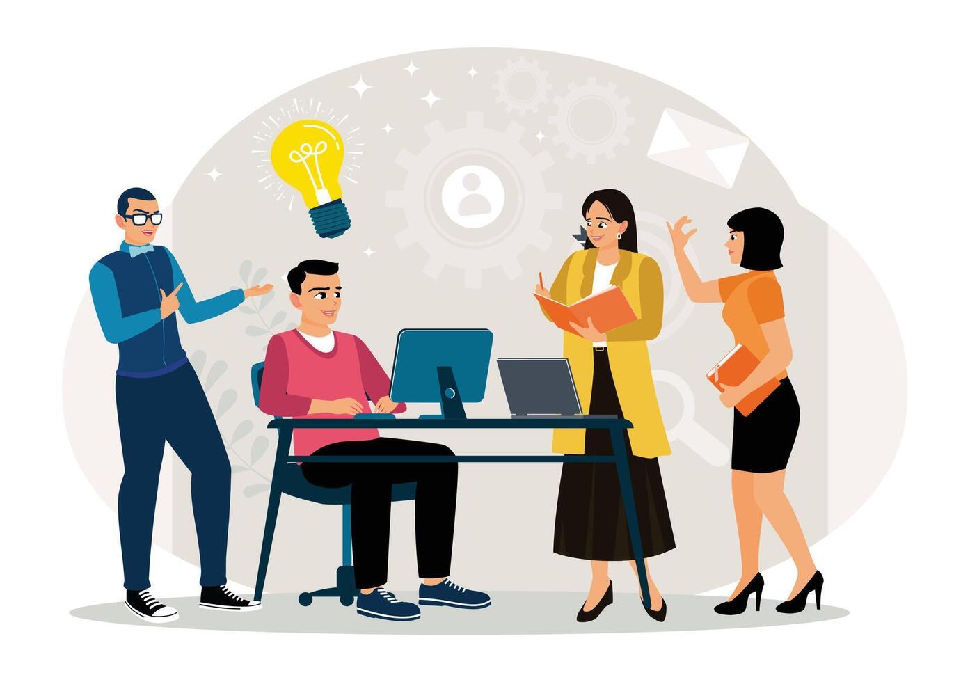 Company employees hold meetings, plan tasks and share ideas. vector