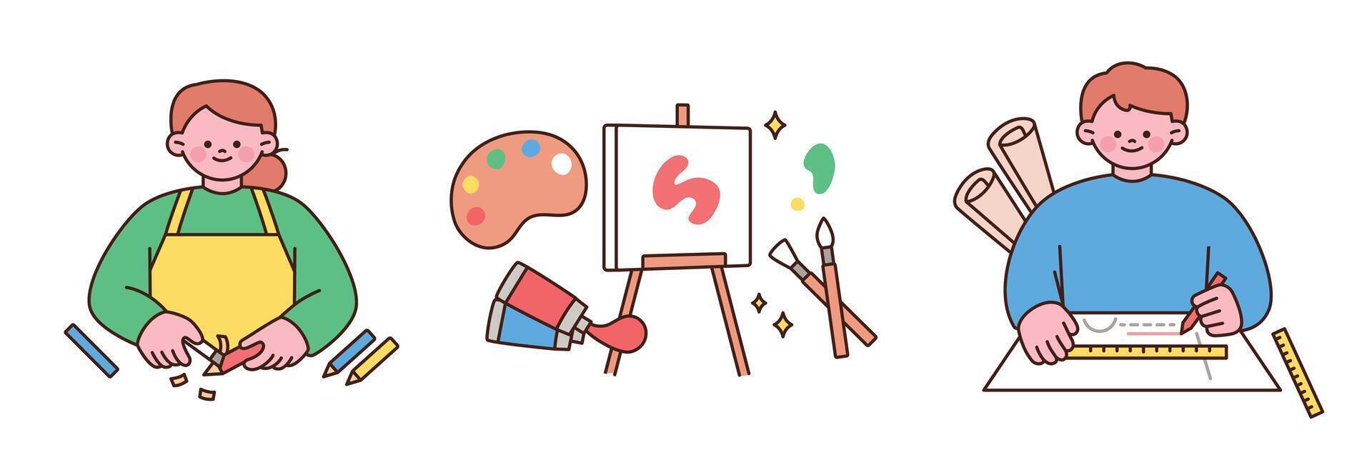 Cute illustration of kids engaging in crafting, painting, and architectural drawing, exploring various creative art activities. vector