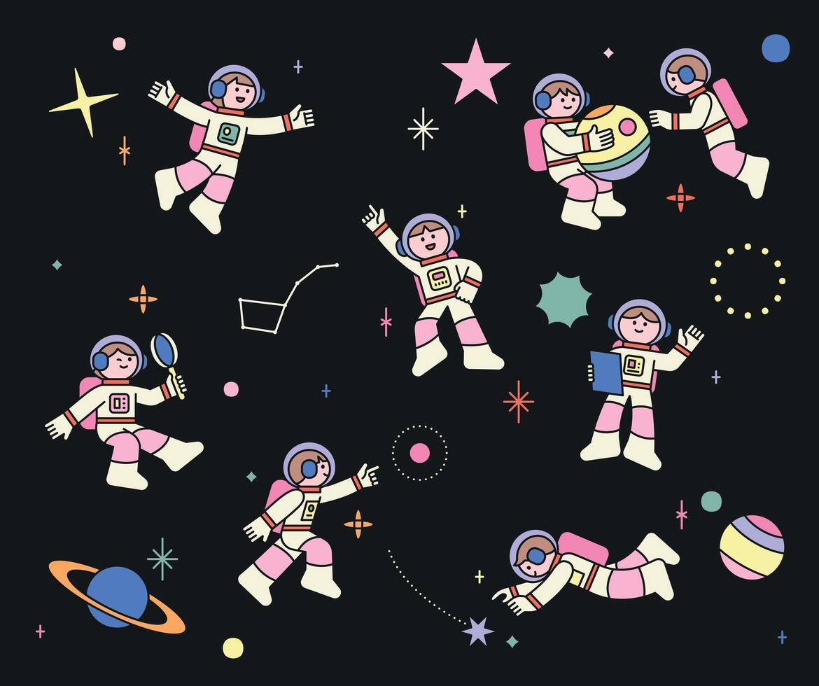 Adorable children astronauts exploring space with stars, planets, and constellations in a cute and colorful outer space scene. vector