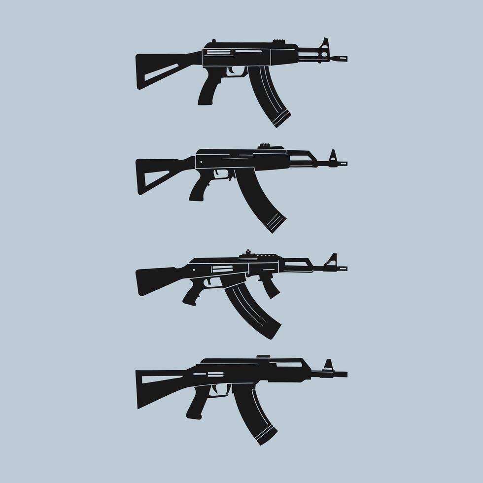 Assault rifle and firearm illustration in black and white silhouette set vector