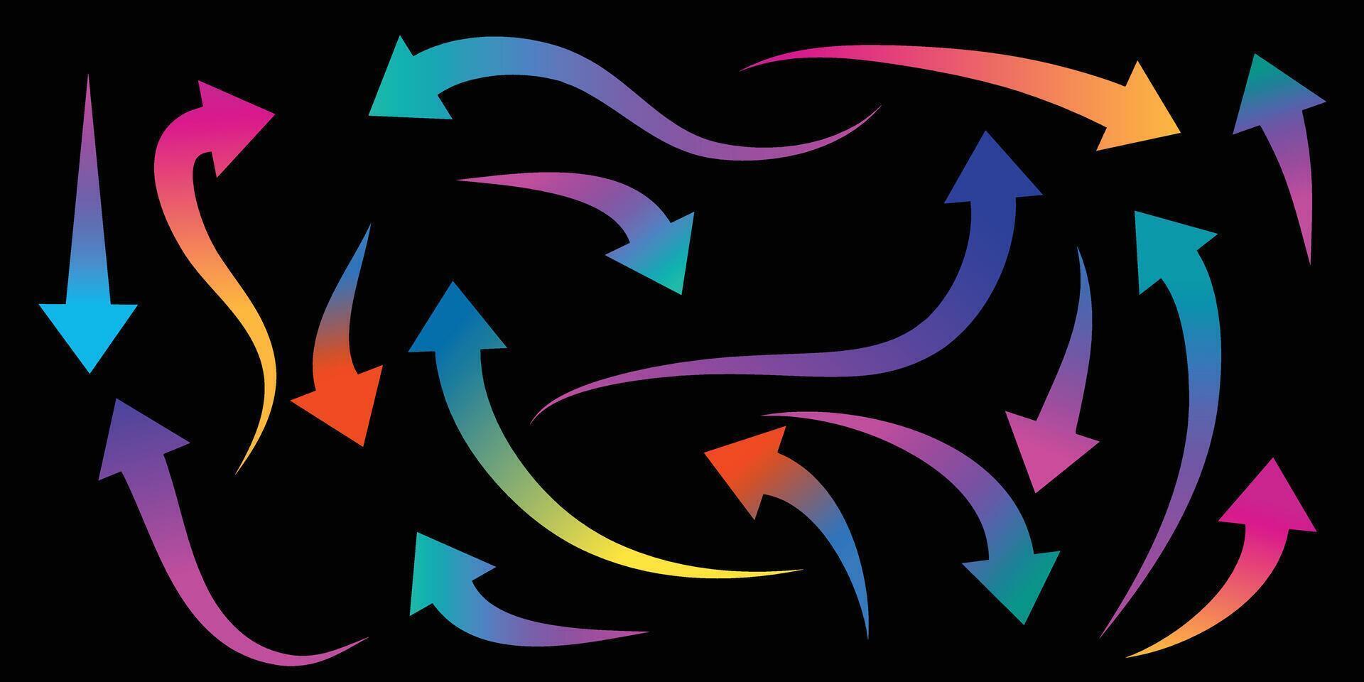 Collection of colorful gradient arrows on a black background, illustration. vector