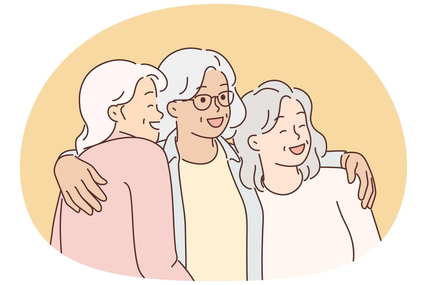 Three elderly women laugh and hug for first time having met after long separation vector