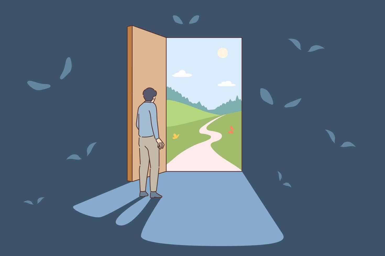Man leaving dark room with monsters, opening door to street with sunny nature and path vector