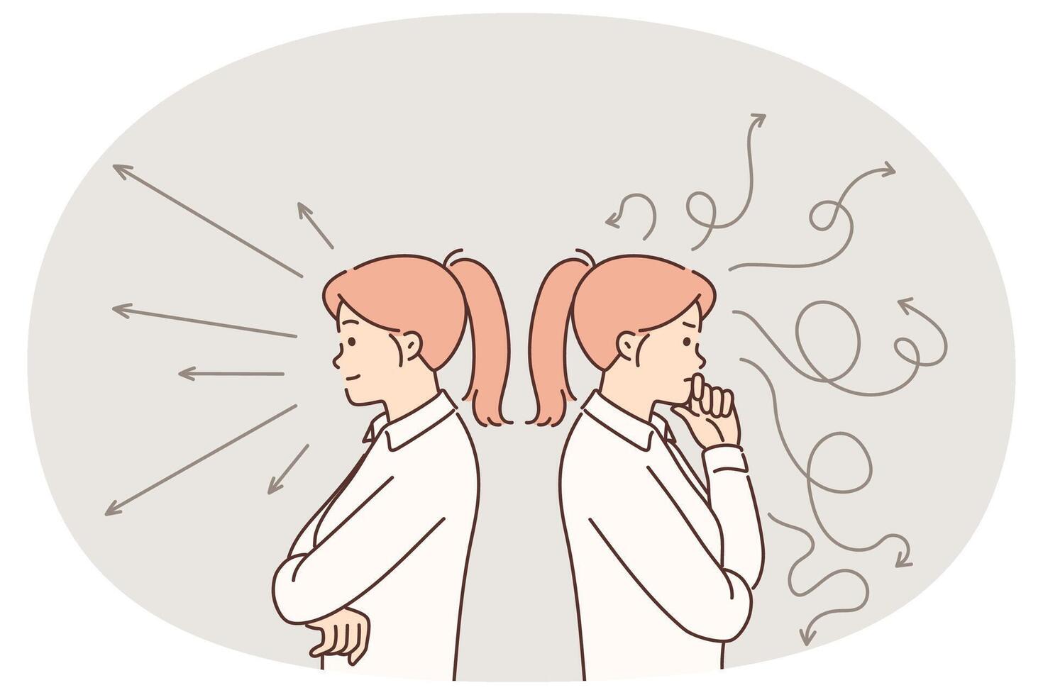 Women trying to make choice between different ways to solve problem standing among arrows vector