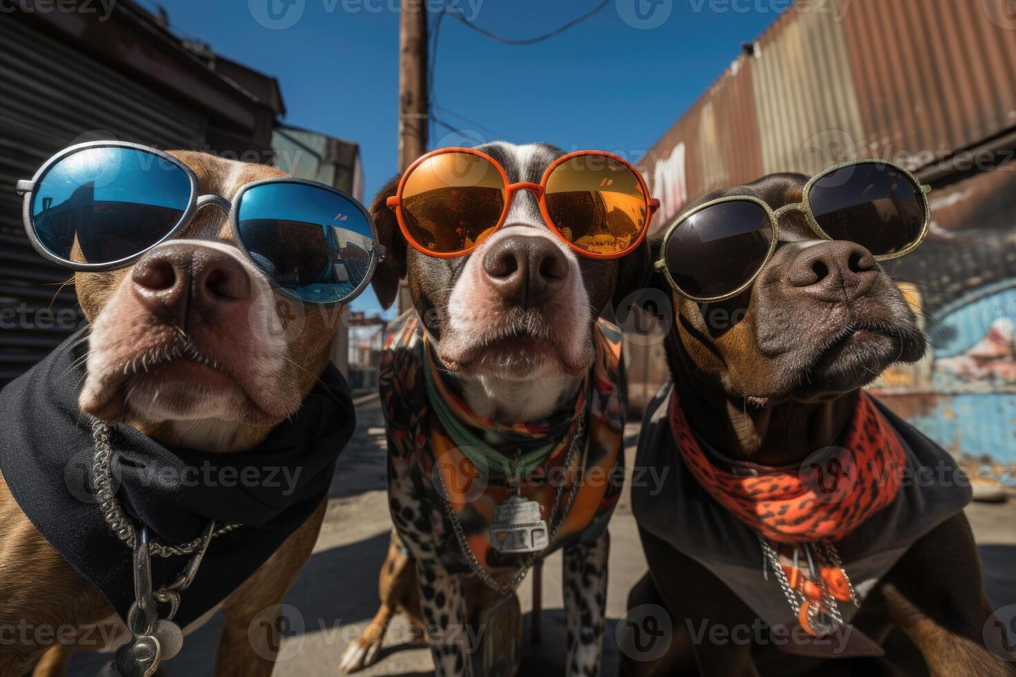 In a vibrant urban setting, three dogs showcase their unique styles by donning colorful sunglasses and bandanas. The clear blue sky adds a cheerful touch to the scene as they pose confidently photo