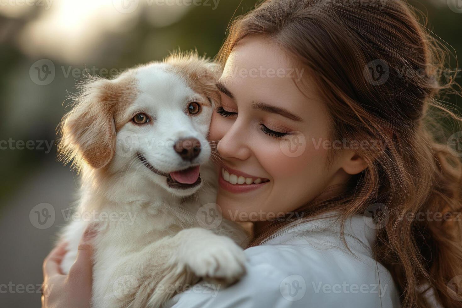 A joyful veterinarian embraces a cheerful dog, showcasing their bond on World Veterinary Day. This moment captures the essence of compassion and care for animals outdoors photo